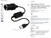 Amazon.com WYMECT USB A Male to 12V Car Cigarette Lighter Socket Female Converter Cable (8W Ma...png